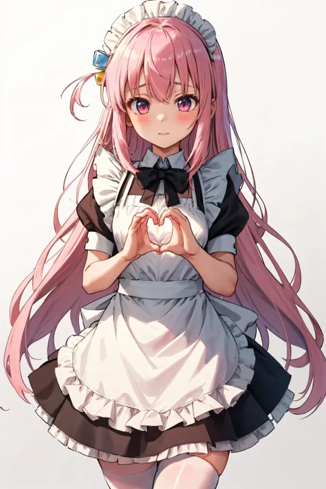 gotoh hitori, 1girl, apron, bow, cube hair ornament, dress, frills, , hair ornament, heart, heart hands, long hair, looking away, maid, maid apron, maid headdress, one side up, pink hair, , shoes, short dress, solo, thighhighs, white thighhighs, <lora:gotoh_hitori:1>