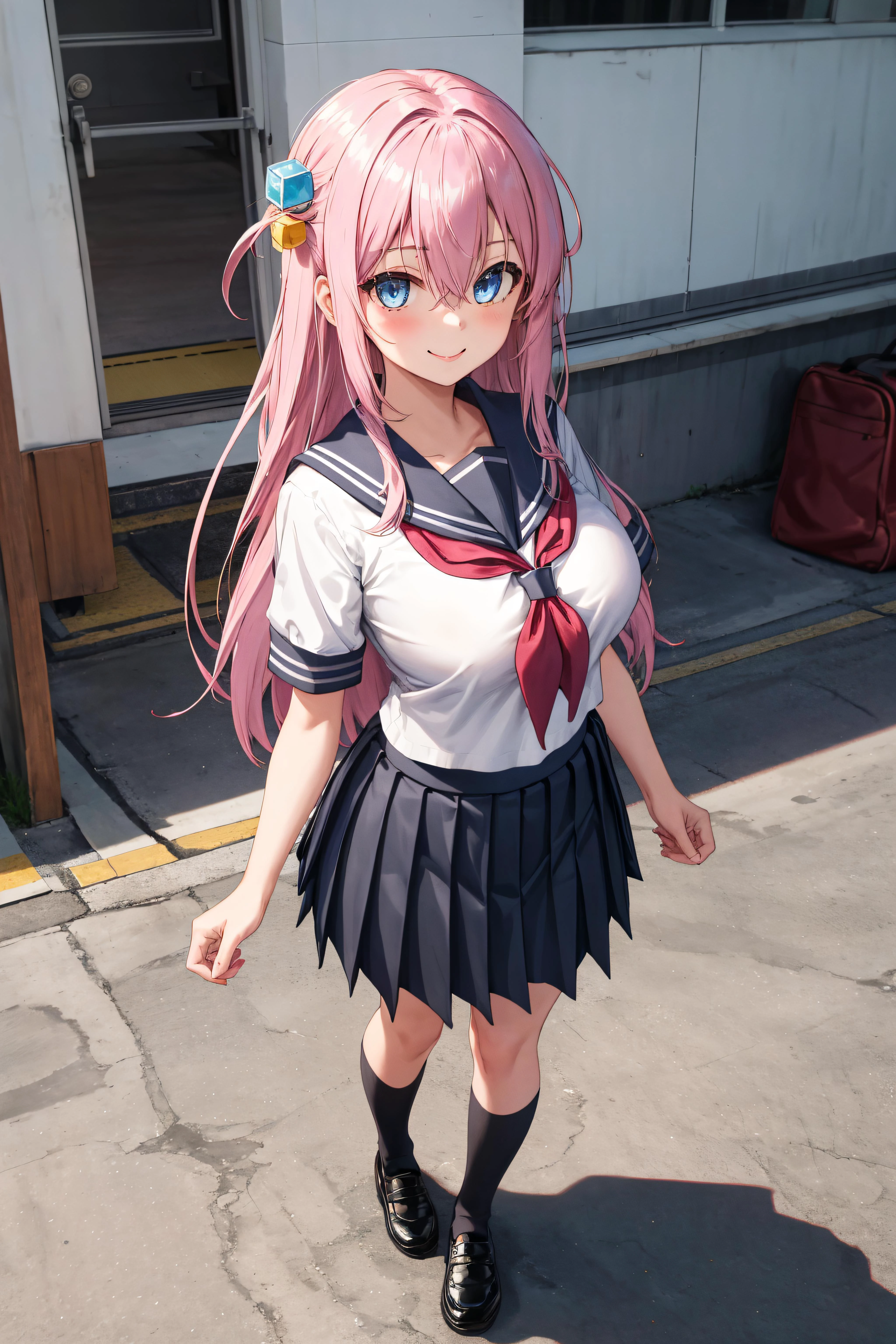 gotoh hitori, 1girl, solo, long hair, looking at viewer, smile, large breasts, blue eyes, hair between eyes, cube hair ornament,pink hair, long hair, black footwear, black skirt, grey sailor collar, pleated skirt, sailor collar, school uniform, shoes, short sleeves, shuka high school uniform, skirt, <lora:gotoh_hitori:1>