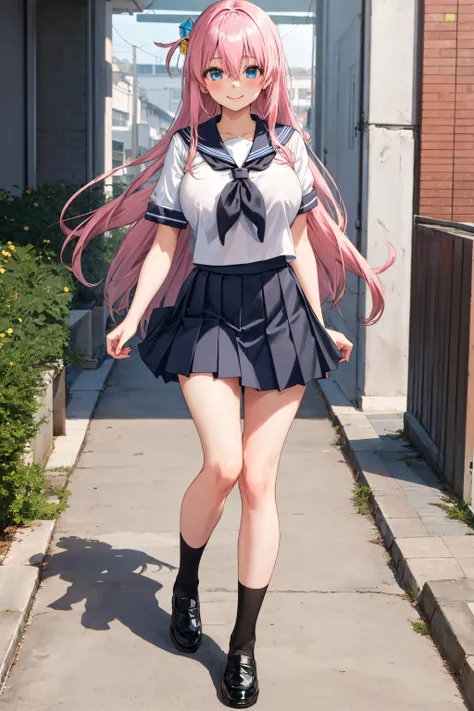 gotoh hitori, 1girl, solo, long hair, looking at viewer, smile, large breasts, blue eyes, hair between eyes,  cube hair ornament,pink hair, long hair,  black footwear, black skirt, grey sailor collar, pleated skirt, sailor collar, school uniform, shoes, short sleeves, shuka high school uniform, skirt, <lora:gotoh_hitori:1>