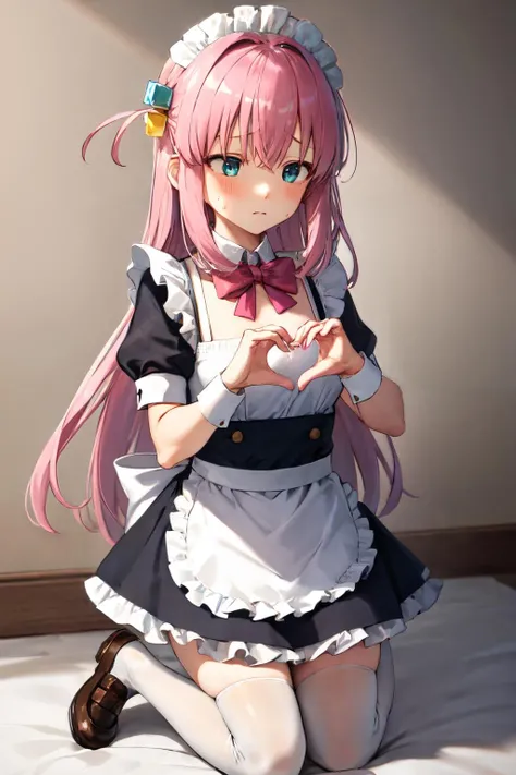 gotoh hitori, 1girl, apron, bow, cube hair ornament, dress, frills, gloom (expression), hair ornament, heart, heart hands, long hair, looking away, maid, maid apron, maid headdress, one side up, pink hair, shaded face, shoes, short dress, solo, sweatdrop, thighhighs, white thighhighs, <lora:gotoh_hitori:1>