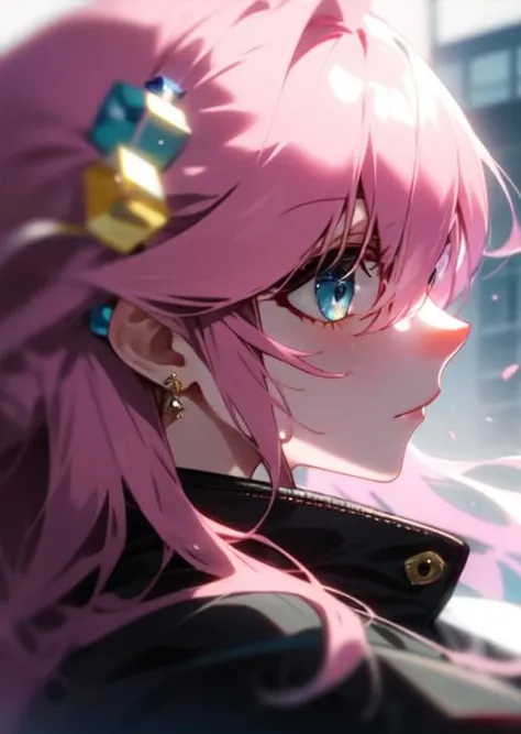pink hair, long hair, hair between eyes, blue eyes, cube hair ornaments, gotoh hitori, <lora:gotoh hitori by goofy ai:1>, pink hair, long hair, pink track jacket, blue eyes, gotoh hitori, 1girl, solo, <lora:ç¼çå:0.9>, city, cube hair ornament, <lora:gotoh_hitori:1.0>