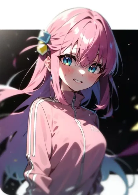 rurudo, 1girl, solo, pink hair, thick twintails, red eyes, swimming club, smile with lively
