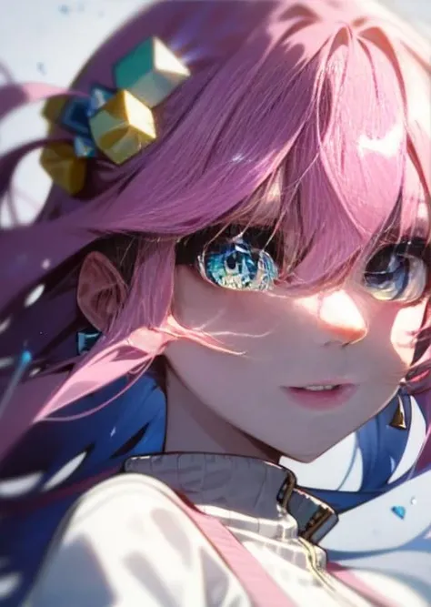 pink hair, long hair, hair between eyes, blue eyes, cube hair ornaments, gotoh hitori,  <lora:gotoh hitori by goofy ai:1>, pink hair, long hair, pink track jacket, blue eyes, gotoh hitori, 1girl, solo,  <lora:ç¼çå:0.9>, city, cube hair ornament, <lora:gotoh_hitori:1.0>