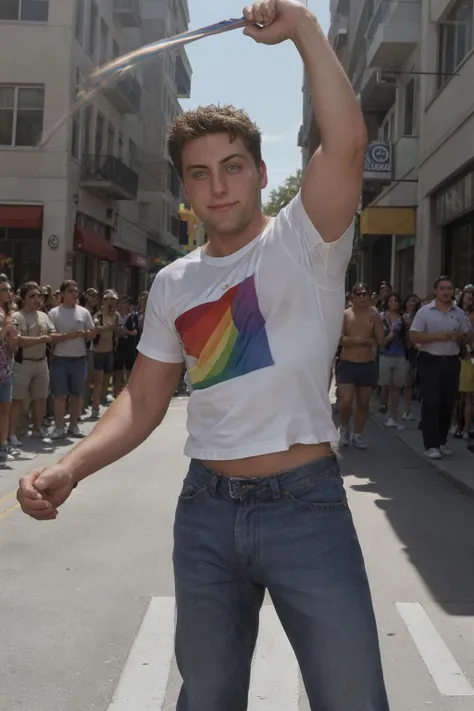 RAW Photo, DSLR, realistic photo of lance_bass wearing a shirt and celebrating pride waving rainbow flag, lgbt, rainbow flags, happy people <lora:LANCE_BASS_2000s-07:0.8>, 2000's filter, celebrating, street parade