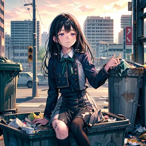 <lora:more_details:0.3>,<lora:LCM_LoRA_Weights_SD15:1>,masterpiece,best quality,highly detailed,1girl,solo,half-closed eyes,blush,raised eyebrows,empty eyes,sweat,sweatdrop,sick,exhausted,heavy breathing,
<lora:takarada_rikka_v1:0.75>, rikka1,1girl,takarada rikka,black hair,solo,blue eyes,wrist scrunchie,long hair,red socks,school uniform,black skirt,bangs,pleated skirt,orange scrunchie,red bow,white cardigan,long sleeves,bowtie,white shirt,miniskirt,white sweater,
BREAK
<lora:homeless:0.4>,(((dumpsterDiving,picking trash from trash can, torn clothes,bug,dirty clothes,dirty face, sitting, reaching towards viewer, messy hair))),city,street,trash,trash bag,trash can,