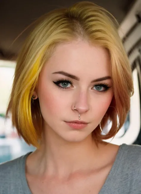 portrait of stunning 1girl WheezyWhee, yellow hair, short hair, nose piercing, looking at viewer, highly detailed, film grain, vogue photoshoot, 35mm photograph, professional, 4k, highly detailed, <lora:WheezyWhee:0.75>