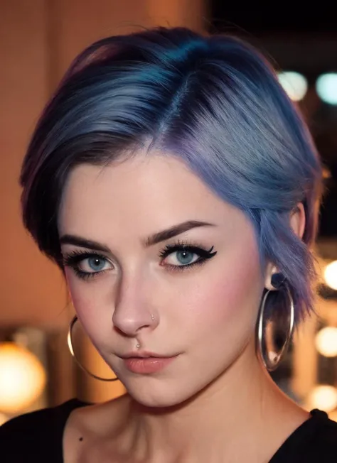 portrait of stunning 1girl WheezyWhee, blue hair, short hair, nose piercing, looking at viewer, highly detailed, film grain, vogue photoshoot, 35mm photograph, professional, 4k, highly detailed, bedroom background, at night, <lora:WheezyWhee:0.75>