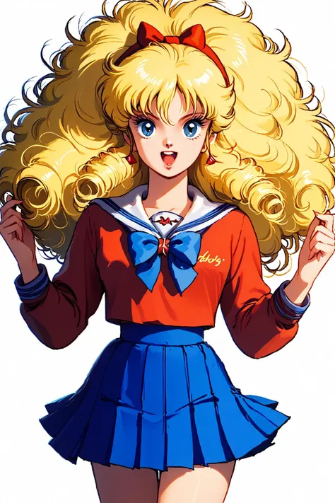 score_9, score_8_up, score_7_up, source_anime,(closed up),girl, retro, 1980s, sexy, school uniform, , crazy hair, curly hair, whirlwind hair, blonde hair, mini skirt
