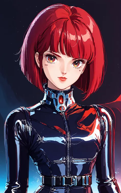 score_9, score_8_up, score_7_up, source_anime,80s,girl, cyberpunk, dark city, bob cut, red hair, latex outfit