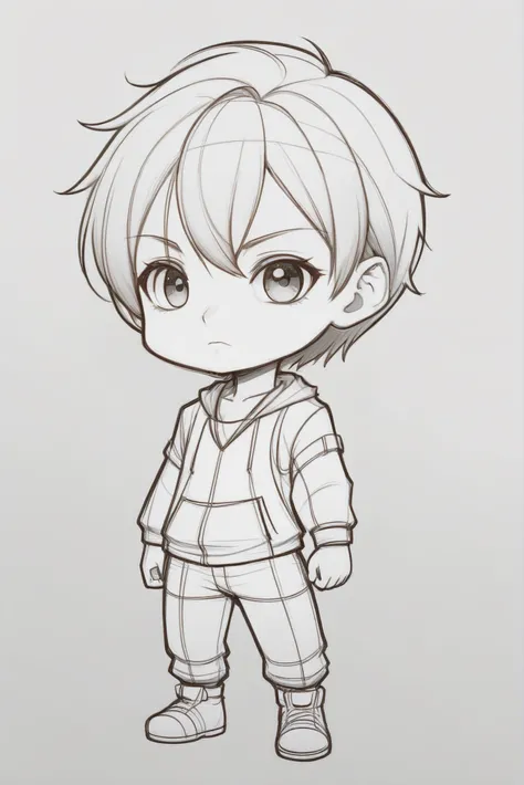 pencil outline sketch, anime style, pencil crosshatching, chibi, 1boy, man, masculine, fit build, full body, head tilt, white background<lora:EnvyStarlightBodySketch01:1>