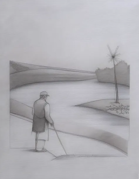 simple pencil outline sketch, pencil crosshatching, an old man