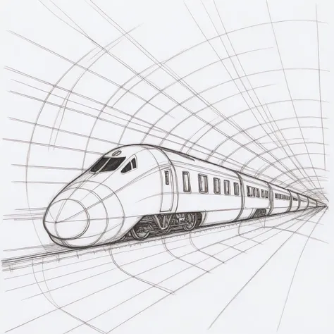 simple pencil outline sketch, pencil crosshatching, a bullet train is exiting a tunnel