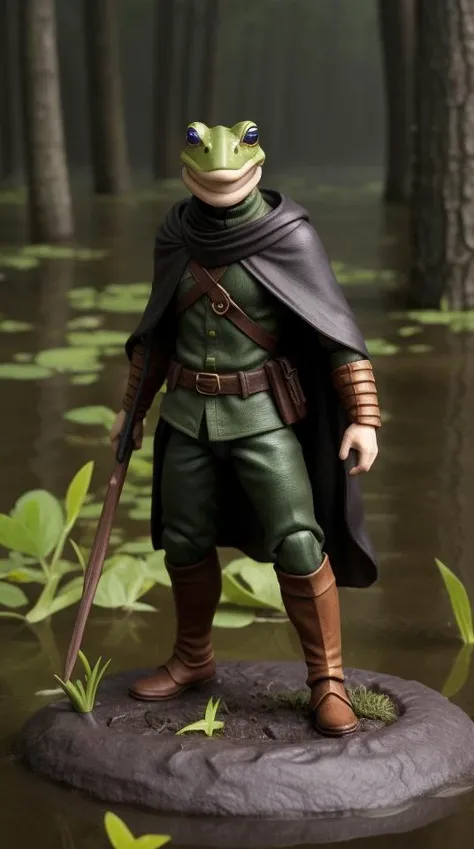Action Figure of In the lush and mysterious swampy realm known as Murkwood, there dwells a young toad named Croakshadow. Unlike his amphibious peers, Croakshadow has taken to the path of a rogue, specializing in stealth and wielding a razor sharp spear with deadly precision. He's known for his unwavering loyalty, which is matched only by his boundless overconfidence.
Croakshadow's mottled, olive-green skin is covered in a subtle pattern of dark, wavy lines that resemble the ripples on the surface of a pond. His eyes, a bright, glimmering gold, exude an air of cunning and mischievousness. He sports a dark cloak made from the leaves of the Murkwood swamp, which he wears with a certain roguish flair, along with a leather belt adorned with pouches and vials of mysterious concoctions.
cinematic film still, scenery, fog, mist, full moon, Bokeh, depth of field, plastic collectable action figure, collectable toy action figure