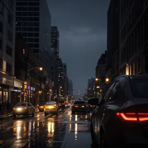 rainy city landscape, traffic, night time, heavy rain