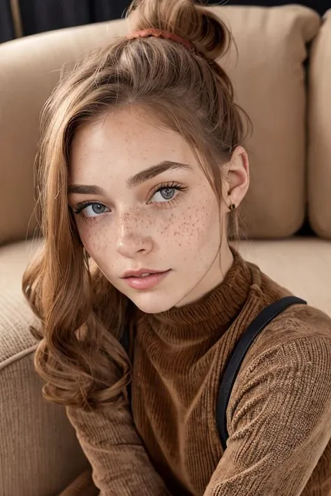 Closeup Portrait, Ashlyn_SBG, Petite Woman, freckles, Ponytail, Brown corduroy fabric fluffy wooly bodysuit and stockings with Cotton/Fur Pantyhose, bright beige corduroy fabric Couch,