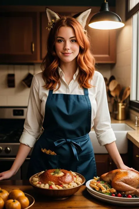 photo of half naked redhead woman lying on a kitchen table, open long legs, sexy gold apron, freckles, missionary, cinematic light, perfect face, Midnight blue and gold <lora:sexy_wedding_short_dress:0.5> SWSD, Black Pearl, sexy (fox ears), (high detailed skin:1.2), 8k uhd, dslr, soft lighting, high quality, film grain, Fujifilm XT3, dimly lit,<lora:noise:0.5>, Turkey for Thanksgiving Day, thanksgiving food on the table, baked TURKEY