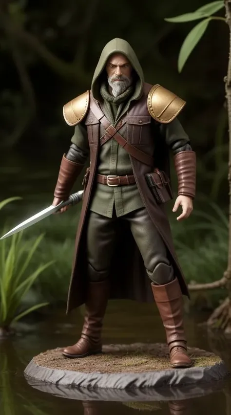 Action Figure of In the lush and mysterious swampy realm known as Murkwood, there dwells a young toad named Croakshadow. Unlike his amphibious peers, Croakshadow has taken to the path of a rogue, specializing in stealth and wielding a razor sharp spear with deadly precision. He's known for his unwavering loyalty, which is matched only by his boundless overconfidence.
Croakshadow's mottled, olive-green skin is covered in a subtle pattern of dark, wavy lines that resemble the ripples on the surface of a pond. His eyes, a bright, glimmering gold, exude an air of cunning and mischievousness. He sports a dark cloak made from the leaves of the Murkwood swamp, which he wears with a certain roguish flair, along with a leather belt adorned with pouches and vials of mysterious concoctions.
cinematic film still, scenery, fog, mist, full moon, Bokeh, depth of field, plastic collectable action figure, collectable toy action figure