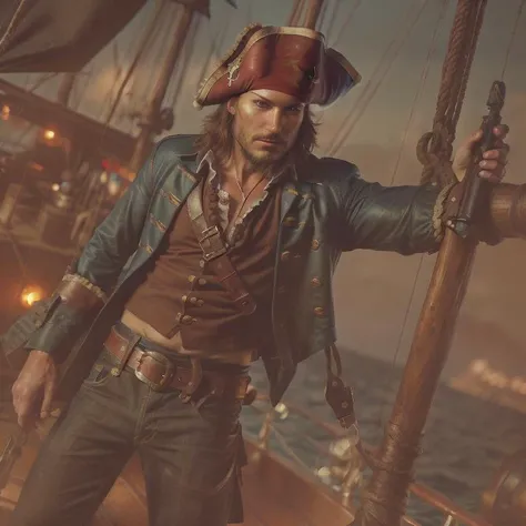8k, close up portrait shot, RAW editorial photo of a pirate, dark shot, perfect eyes, skin moles, looks at viewer, cinematic shot, hard shadows, professional photo, complex, ultra-detailed, cinematic lighting, masterpiece, moody, dramatic, sharp focus, motion blur, noise, lens effects, scene by zach snyder, analog photography, award winning photo, depth of field, bokeh, neon lights, ultra-detailed background, hard shadows, ray tracing, random angle shot,perfect textures, tactile textures, cannon ball shooting from a pirate ship