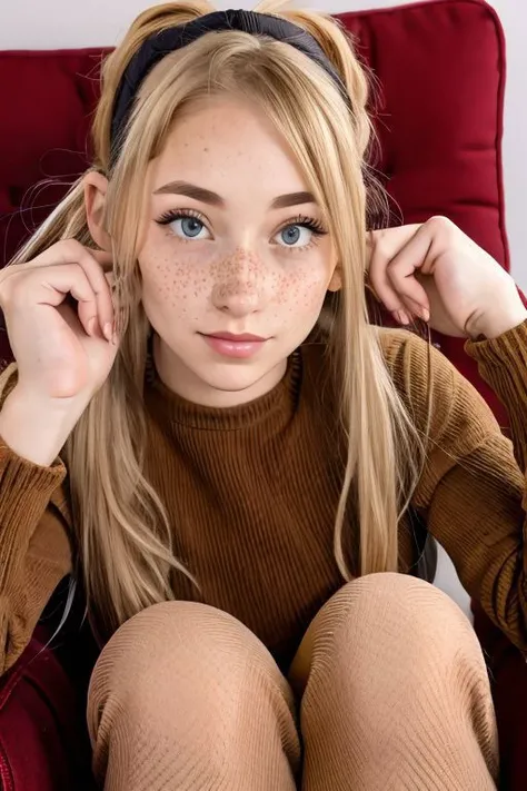 Closeup Portrait, Ashlyn_SBG, Petite Woman, freckles, Ponytail, Brown corduroy fabric fluffy wooly bodysuit and stockings with Cotton/Fur Pantyhose, bright beige corduroy fabric Couch,