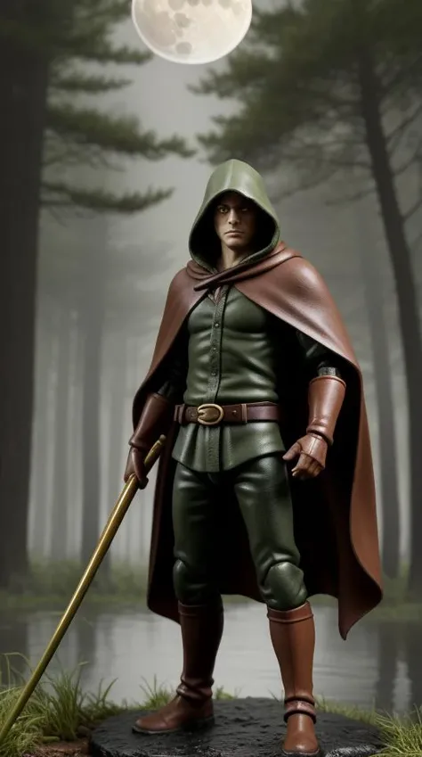 Action Figure of In the lush and mysterious swampy realm known as Murkwood, there dwells a young toad named Croakshadow. Unlike his amphibious peers, Croakshadow has taken to the path of a rogue, specializing in stealth and wielding a razor sharp spear with deadly precision. He's known for his unwavering loyalty, which is matched only by his boundless overconfidence.
Croakshadow's mottled, olive-green skin is covered in a subtle pattern of dark, wavy lines that resemble the ripples on the surface of a pond. His eyes, a bright, glimmering gold, exude an air of cunning and mischievousness. He sports a dark cloak made from the leaves of the Murkwood swamp, which he wears with a certain roguish flair, along with a leather belt adorned with pouches and vials of mysterious concoctions.
cinematic film still, scenery, fog, mist, full moon, Bokeh, depth of field, plastic collectable action figure, collectable toy action figure