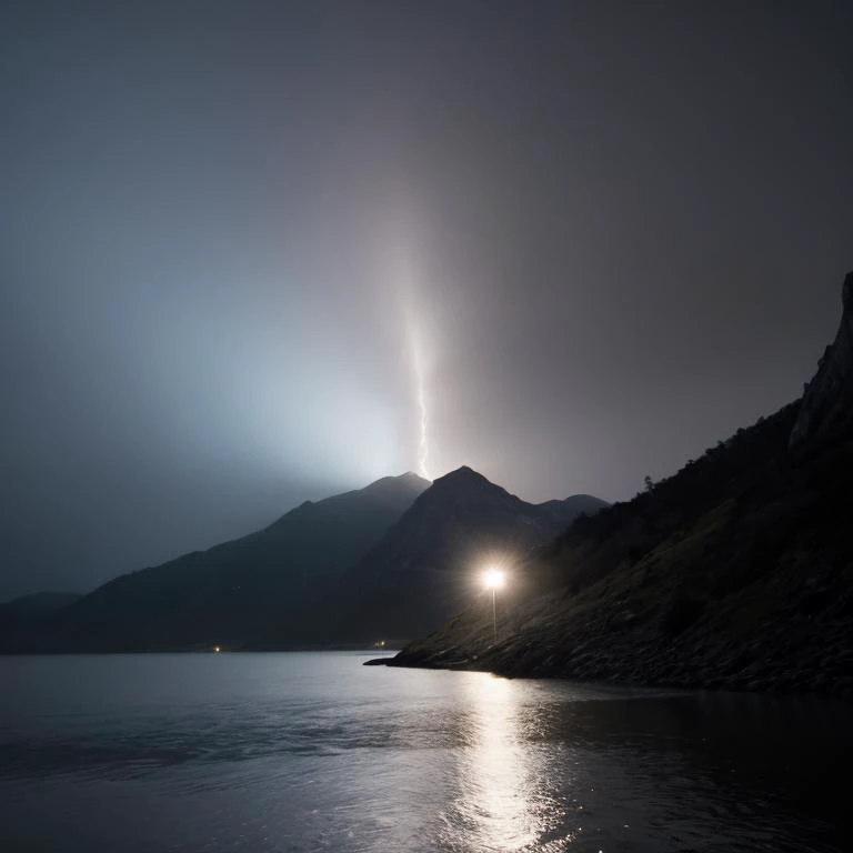 Rainy mountain, lagoon, low key lighting, glowing pillars