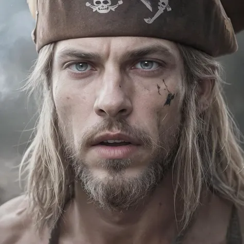 8k, close up portrait shot, pirate with dirty face from smoke and dirt, dark shot, perfect eyes, skin moles, looks at viewer, cinematic shot, hard shadows, professional photo, complex, ultra-detailed, cinematic lighting, masterpiece, moody, dramatic, sharp focus, motion blur, noise, colorful
