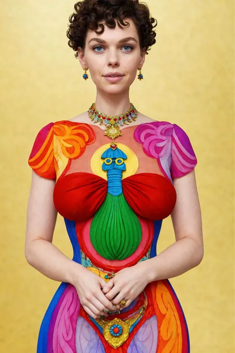 A 23yo woman wearing a colorful dress, curls, short haircut, hourglass figure, intricate jewelry, [an artwork in the style of Maria Lassnig : a professional digital photo : 0.5]  BREAK <'EM_1'>