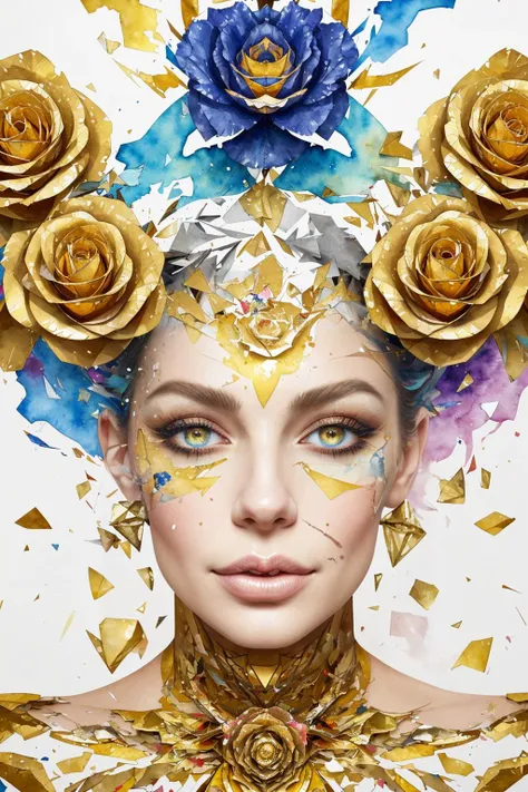 An abstract geometrical painting of woman's face, golden and white roses, detailed symmetric circular iris, shattered paper fragments, intricate complex watercolor painting, color explosion, ink drip, volumetric lighting, metallic reflections, inspired by Alberto Seveso