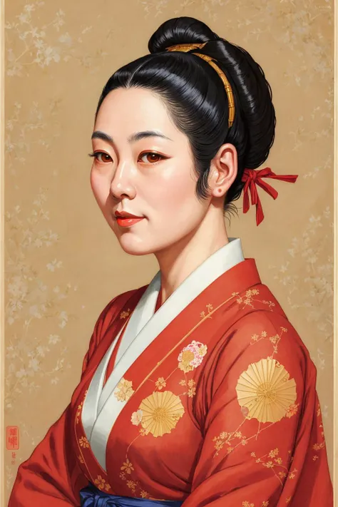 A portrait of a famous Japanese woman [ <'EM_1'> | <'EM_2'> | <'EM_3'> ] in the style of J.C. Leyendecker