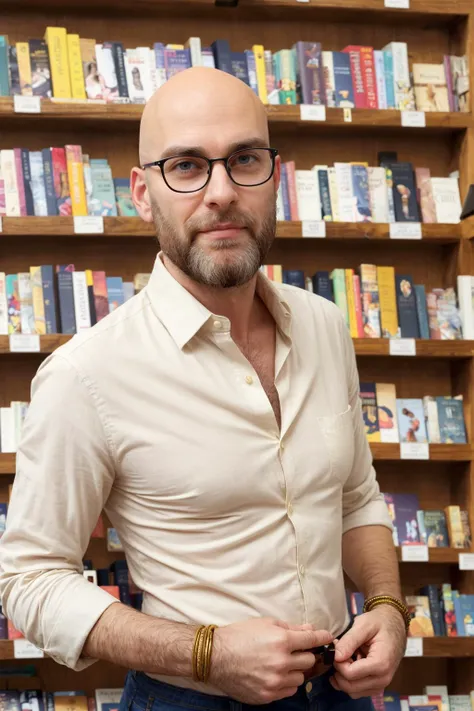 An attractive bald man inside a small bookshop, beard, modern ivory shirt, unbuttoned collar, bracelets