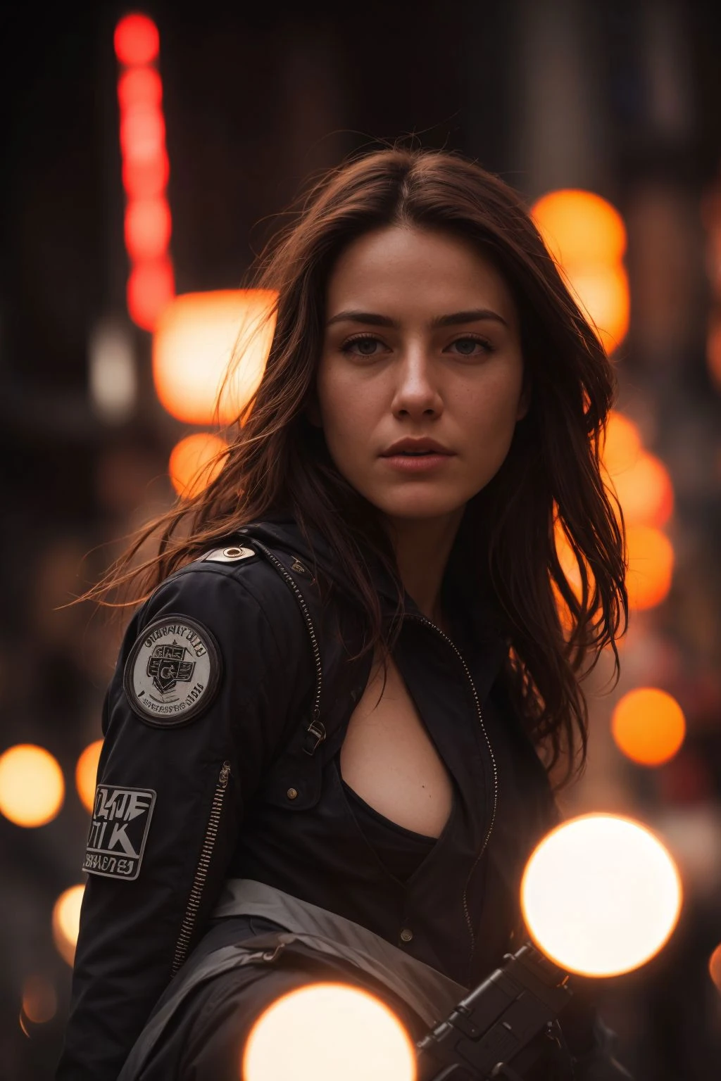 8k, close up portrait shot, RAW editorial photo of a female cyberpunk soldier, (freckles:0.3), dark shot, perfect eyes, skin moles, looks at viewer, cinematic shot, hard shadows, dystopian, professional photo, complex, ultra-detailed, cinematic lighting, masterpiece, moody, dramatic, sharp focus, motion blur, noise, lens effects, scene by zach snyder, analog photography, award winning photo, depth of field, bokeh, neon lights, ultra-detailed background, hard shadows, ray tracing, random angle shot, large crowd running away, perfect textures, tactile textures, lasers shooting from gun, perfect skin texture,