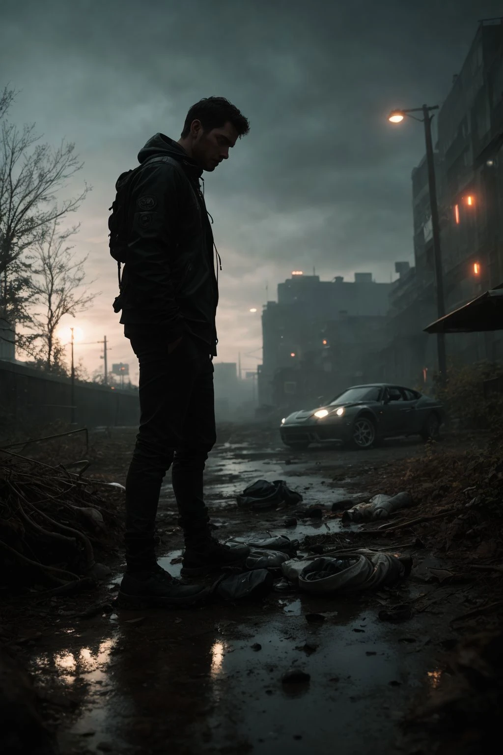 8k, RAW editorial photo of a dieselpunk sports car, 3/4 front view, survival, cyberpunk, outdoors, ((night)), reflective puddles masterpiece, overgrown city (dramatic, gritty, intense:1.4), cinematic shot, hard shadows, professional photo, complex, ultra-detailed, cinematic lighting, masterpiece, moody, dramatic, sharp focus, motion blur, noise, lens effects, scene by zach snyder and greg rutkowski, analog photography, award winning photo, depth of field, bokeh, ultra-detailed background, hard shadows, ray tracing, random angle shot, perfect textures, tactile textures, perfect skin texture,