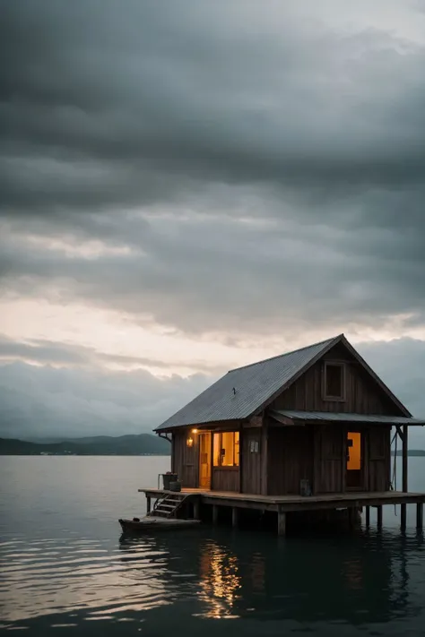 8k, RAW editorial  photo of A wooden house stands on the stilts in water, a boat near, professional and realistic portrait A hut on the clouds,  outdoors, cinematic shot, hard shadows, professional photo, complex, ultra-detailed, cinematic lighting, masterpiece, moody, dramatic, sharp focus, motion blur, noise, lens effects, scene by zach snyder and greg rutkowski, analog photography, award winning photo, depth of field, bokeh, ultra-detailed background, hard shadows, ray tracing, perfect textures, tactile textures,