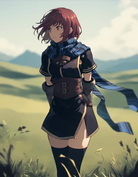 score_9,  score_8_up, score_7_up <lora:nel-zelpher-ponyxl:1> nel zelpher, black dress, short dress, striped scarf, vambraces, fingerless gloves, black thighhighs,
depth of field, field, grass, arms behind back