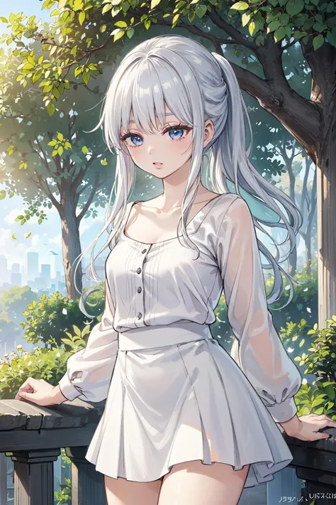 ((masterpiece)), (best quality), official art, extremely detailed CG, unity 8k wallpaper, ultra detailed,
1girl white hair blue eyes ponytail long hair, long sleeves dress, white skirt, white shirt, collarbone, miniskirt,
<lora:phanora:0.9>, wide shot,
Ancient elven tree city suspended in the canopy,