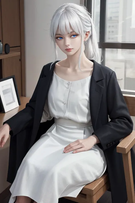 masterpiece, best quality, highres, 1girl white hair blue eyes ponytail long hair, black coat long sleeves dress white skirt white shirt collarbone <lora:phanora:1> photorealistic, looking at viewer, sitting