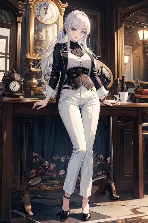 ((masterpiece)), (best quality), official art, extremely detailed CG, unity 8k wallpaper, ultra detailed,
1girl white hair blue eyes ponytail long hair, Chic: Tailored blazer, skinny trousers, silk blouse, and heels.,
<lora:phanora:0.9>, wide shot,
Steampunk City with Mechanical Clock Tower,