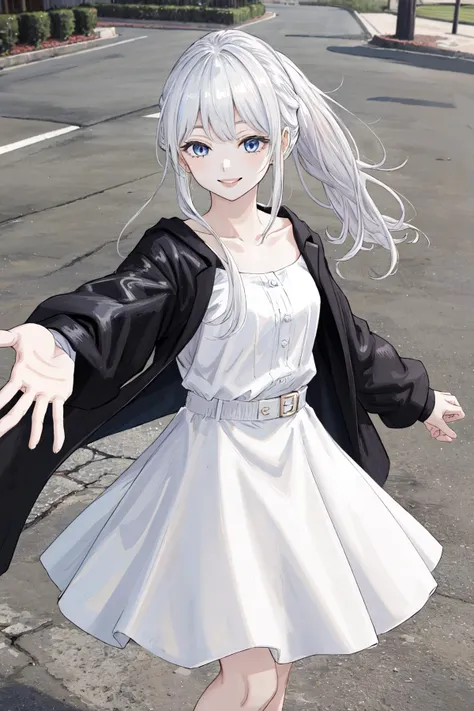 masterpiece, best quality, highres, 1girl white hair blue eyes ponytail long hair, black coat long sleeves dress white skirt white shirt collarbone <lora:phanora:1> outstretched arm, smile