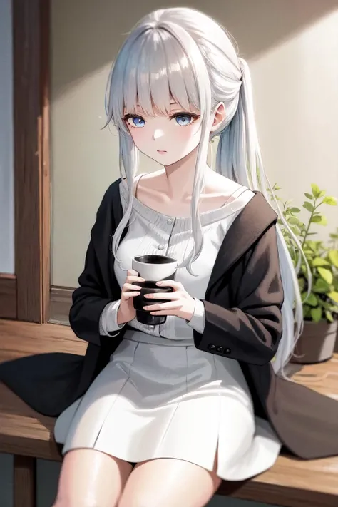masterpiece, best quality, highres, 1girl white hair blue eyes ponytail long hair, black coat long sleeves dress white skirt white shirt collarbone <lora:phanora:1> sitting, holding cup