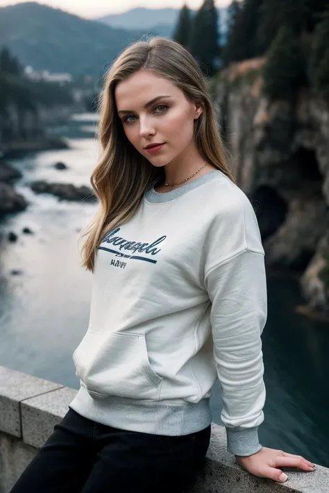 photo of beautiful (K4rl4Kush-140:0.99), a woman, perfect hair, (modern photo), wearing a (crew neck sweatshirt:1.2) and long pants with jewelry, portrait, 85mm, (analog, cinematic, film grain:1.3), (Floating Sky Islands, Landscape with floating islands, interconnecting bridges, and cascading waterfalls.), detailed eyes, professional pose, painted lips, (epiCPhoto), (looking at viewer:1.1), (cinematic shot:1.3), (natural lighting, lit from above), <lora:add_detail:0.5>