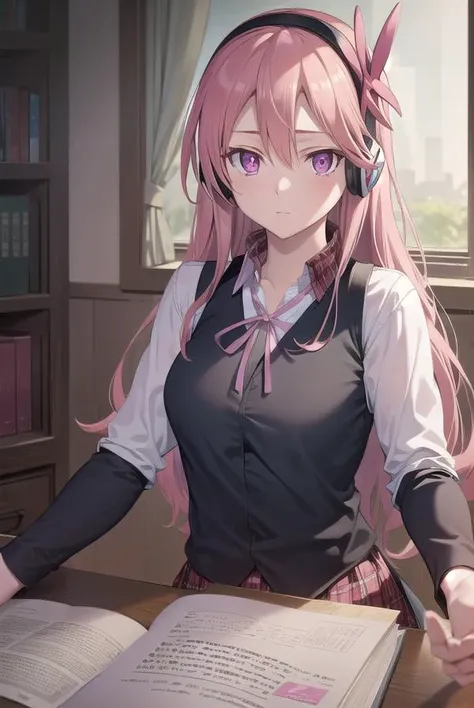 chelsea, <lyco:chelsea-lyco-nochekaiser:1>,
chelsea, (pink eyes:1.5), hair between eyes, long hair, pink hair, straight hair,
BREAK collared shirt, diagonal stripes, dress shirt, hair ornament, headphones, long sleeves, neck ribbon, plaid, plaid skirt, pleated skirt, red ribbon, red skirt, ribbon, shirt, skirt, striped, vest, white shirt, wing collar,
BREAK looking at viewer, full body,
BREAK indoors, classroom,
BREAK <lyco:GoodHands-beta2:1>, (masterpiece:1.2), best quality, high resolution, unity 8k wallpaper, (illustration:0.8), (beautiful detailed eyes:1.6), extremely detailed face, perfect lighting, extremely detailed CG, (perfect hands, perfect anatomy),