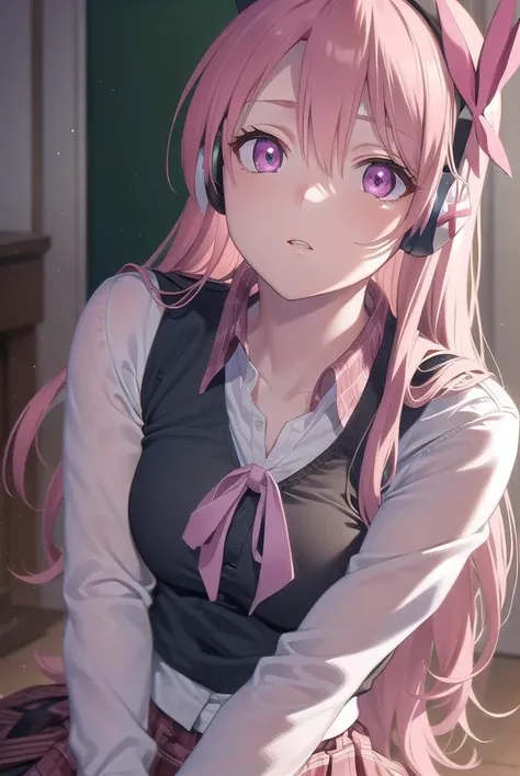 chelsea, <lyco:chelsea-lyco-nochekaiser:1>,
chelsea, (pink eyes:1.5), hair between eyes, long hair, pink hair, straight hair,
BREAK collared shirt, diagonal stripes, dress shirt, hair ornament, headphones, long sleeves, neck ribbon, plaid, plaid skirt, pleated skirt, red ribbon, red skirt, ribbon, shirt, skirt, striped, vest, white shirt, wing collar,
BREAK looking at viewer, full body,
BREAK indoors, classroom,
BREAK <lyco:GoodHands-beta2:1>, (masterpiece:1.2), best quality, high resolution, unity 8k wallpaper, (illustration:0.8), (beautiful detailed eyes:1.6), extremely detailed face, perfect lighting, extremely detailed CG, (perfect hands, perfect anatomy),