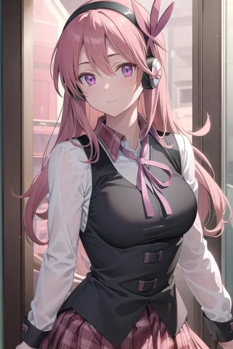 chelsea, <lyco:chelsea-lyco-nochekaiser:1>,
chelsea, (pink eyes:1.5), hair between eyes, long hair, pink hair, straight hair,
BREAK collared shirt, diagonal stripes, dress shirt, hair ornament, headphones, long sleeves, neck ribbon, plaid, plaid skirt, pleated skirt, red ribbon, red skirt, ribbon, shirt, skirt, striped, vest, white shirt, wing collar,
BREAK looking at viewer, full body,
BREAK indoors, classroom,
BREAK <lyco:GoodHands-beta2:1>, (masterpiece:1.2), best quality, high resolution, unity 8k wallpaper, (illustration:0.8), (beautiful detailed eyes:1.6), extremely detailed face, perfect lighting, extremely detailed CG, (perfect hands, perfect anatomy),