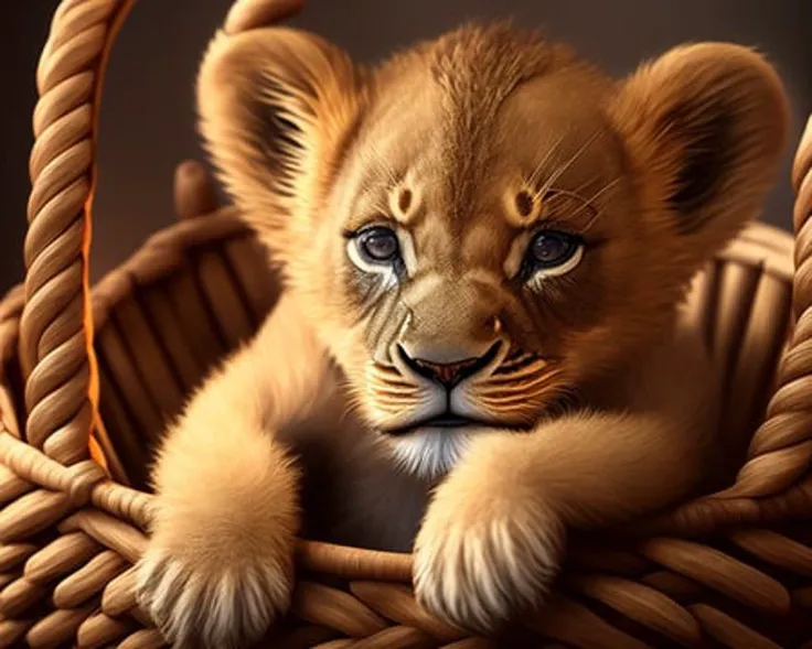 a cute lion cub in a comfy wooden basket, photoreal, shot using sony a7riii camera, photography
