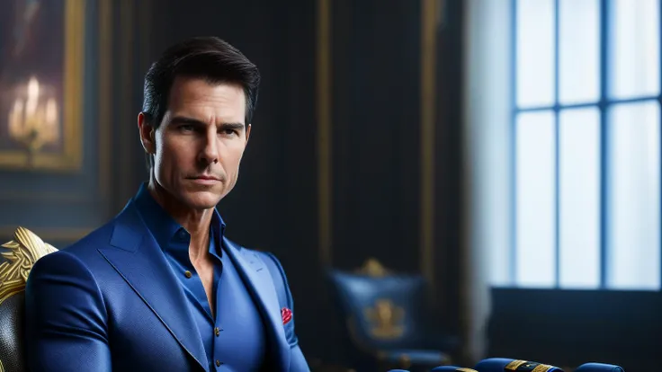 Tom Cruise (full body:1.5) in suit wonderwoman is sitting in a chair at Russian interior, photorealism, professional photo, intricate details, photoreal, shot using sony a7riii camera