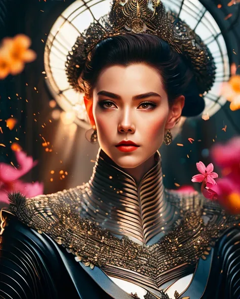 Vivid [detailed color pencil:photo shoot:0.2] by Artgerm and (Anders Zorn:0.5) and (Norman Rockwell:0.5) of the graceful  sinister lady detective woman surrounded by intricate armored samurai Surrounded by a sea of flowers (face looking Displeased:1.2), hi-fructose, glitchcore, seapunk, sunrise, action shot hero pose, highly detailed with sharp focus on person having most witchcore day of their life, Action, cinematic dramatic lighting, bokeh, HQ, 8K, hyper detailed, translucent skin, perfect hands, RAW photo shot on Canon 5D, masterpiece [oil painting:hyperrealism:0.2] in the style of PortraitHelper2.pt