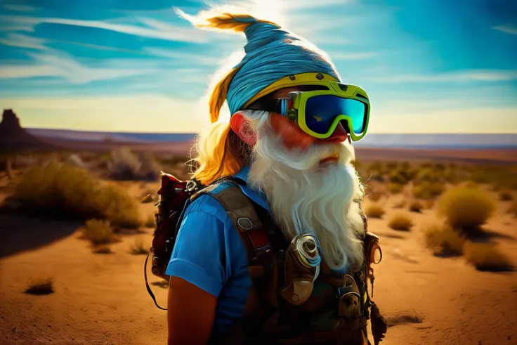 ((garden gnome)), a highly detailed forgotten garden gnome wearing goggles and head scarf surviving in a vast barren desert, hopeless wasteland background with a relentless raging sun overhead, post - apocalyptic road warrior vibe, full body, wide angle, an ultrafine detailed painting by p. craig russell and barry windsor - smith, trending on deviantart, pop surrealism, whimsical, lowbrow, perfect symmetrical face, sharp focus, octane, masterpiece