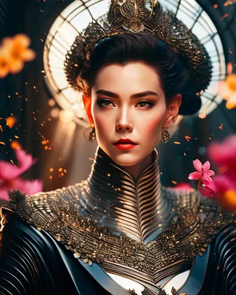 Vivid [detailed color pencil:photo shoot:0.2] by Artgerm and (Anders Zorn:0.5) and (Norman Rockwell:0.5) of the graceful  sinister lady detective woman surrounded by intricate armored samurai Surrounded by a sea of flowers (face looking Displeased:1.2), hi-fructose, glitchcore, seapunk, sunrise, action shot hero pose, highly detailed with sharp focus on person having most witchcore day of their life, Action, cinematic dramatic lighting, bokeh, HQ, 8K, hyper detailed, translucent skin, perfect hands, RAW photo shot on Canon 5D, masterpiece [oil painting:hyperrealism:0.2] in the style of PortraitHelper2.pt