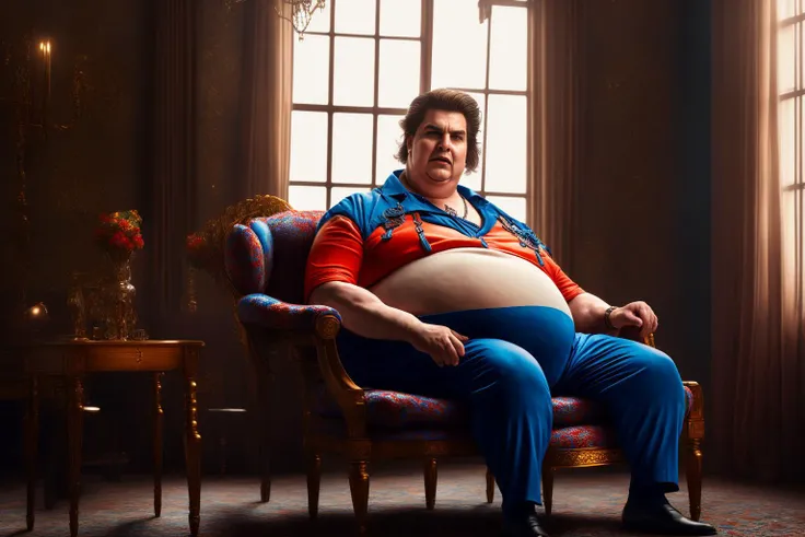 Fat Tom Cruise (full body:1.5) as clown is sitting in a chair at Russian interior, photorealism, professional photo, intricate details, photoreal, shot using sony a7riii camera