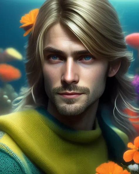 Vivid [detailed color pencil:photo shoot:0.2] by Artgerm and (Anders Zorn:0.3) and (Norman Rockwell:0.5) underwater mid range photo of the graceful kurt cobain surrounded by intricate knitted sweater Surrounded by a flowers (face looking Displeased:1.2), glitchcore, seapunk, sunrise, action shot hero pose, highly detailed with sharp focus on eyes having most witchcore day of their life, Action, cinematic dramatic lighting, bokeh, HQ, 8K, hyper detailed grainy skin, hyper detailed eyes, translucent skin, perfect hands, RAW photo shot on sony a7iii, masterpiece [oil painting:hyperrealism:0.2], photorealism, professional photo